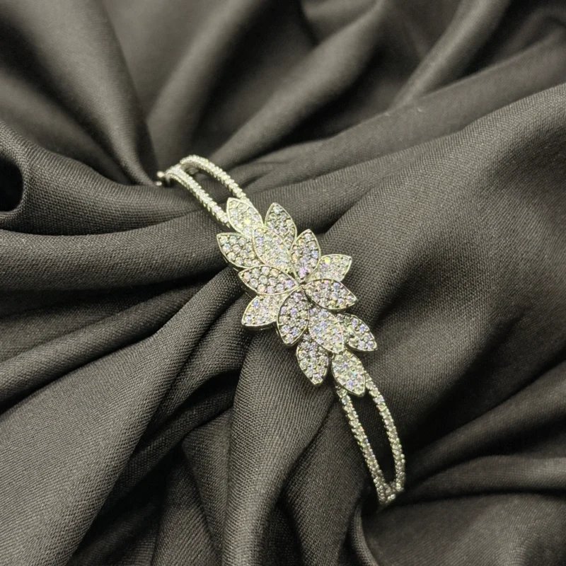 LALEEZ Fashion Jewellery | Silver-Tone Crystal Bloom Floral Twist Bangle Bracelet | Ideal for Women - 122