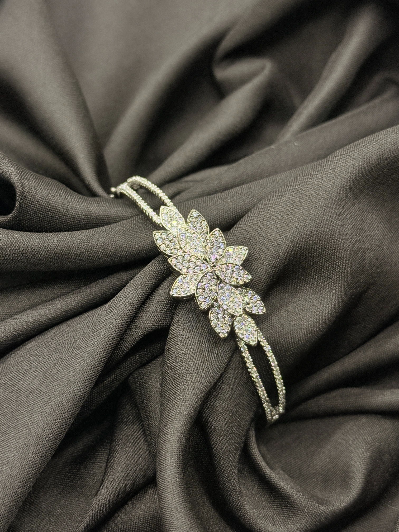 LALEEZ Fashion Jewellery | Silver-Tone Crystal Bloom Floral Twist Bangle Bracelet | Ideal for Women - 122