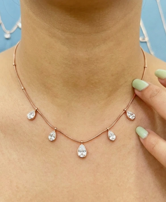 LALEEZ Fashion Jewellery | Rose Gold-Plated Teardrop Crystal Dangle Chain Necklace | Elegant Minimal Design for Women – 120