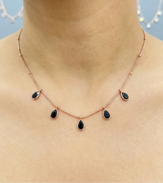 LALEEZ Fashion Jewellery | Rose Gold-Plated Black Teardrop Dangle Chain Necklace | Sleek Contemporary Design for Women – 121