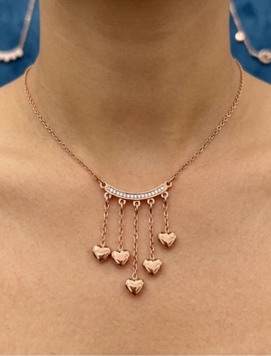 LALEEZ Fashion Jewellery | Rose Gold-Plated Crystal Bar & Heart Charm Dangle Necklace | Romantic Statement Design for Women – 124
