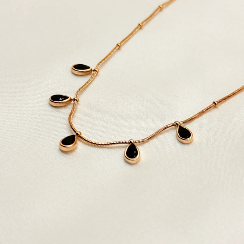 LALEEZ Fashion Jewellery | Rose Gold-Plated Black Teardrop Dangle Chain Necklace | Sleek Contemporary Design for Women – 121