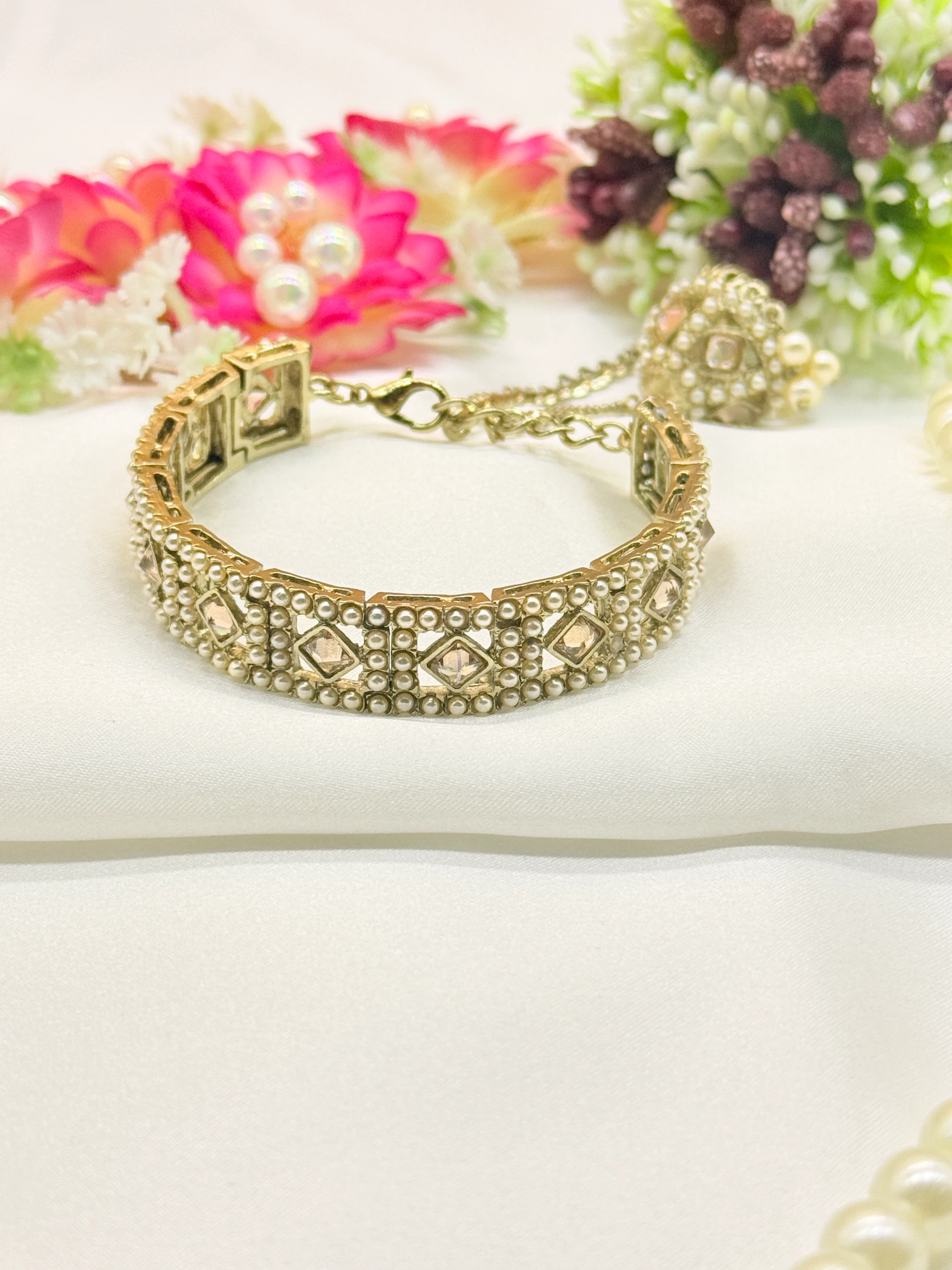 LALEEZ Fashion Jewellery | Gold-Plated Pearl & Crystal Square Motif Designer Cuff Bracelet | Ideal for Women - 128