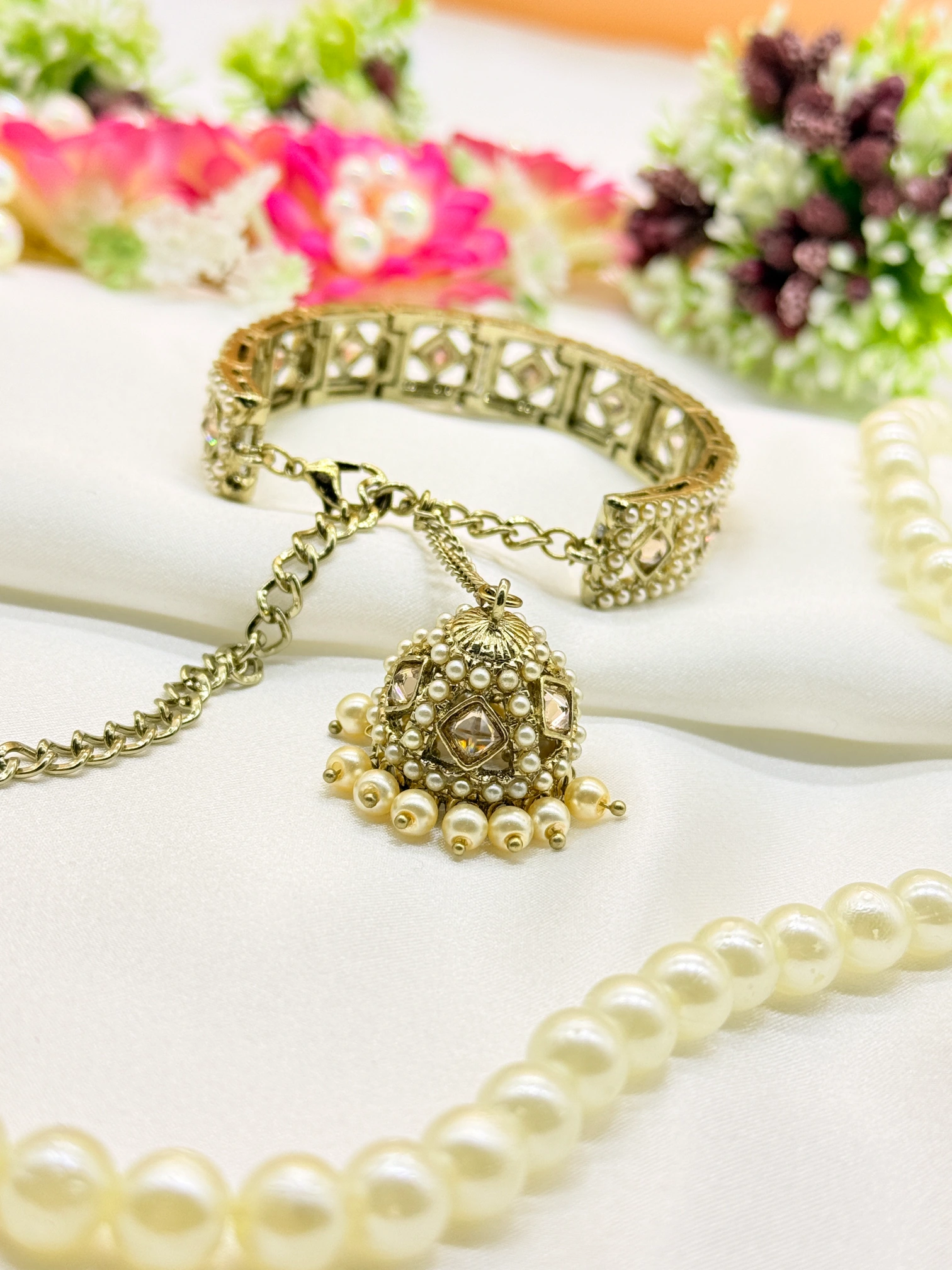 LALEEZ Fashion Jewellery | Gold-Plated Pearl & Crystal Square Motif Designer Cuff Bracelet | Ideal for Women - 128