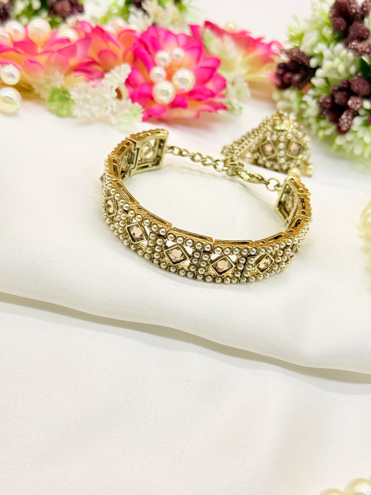 LALEEZ Fashion Jewellery | Gold-Plated Pearl & Crystal Square Motif Designer Cuff Bracelet | Ideal for Women - 128