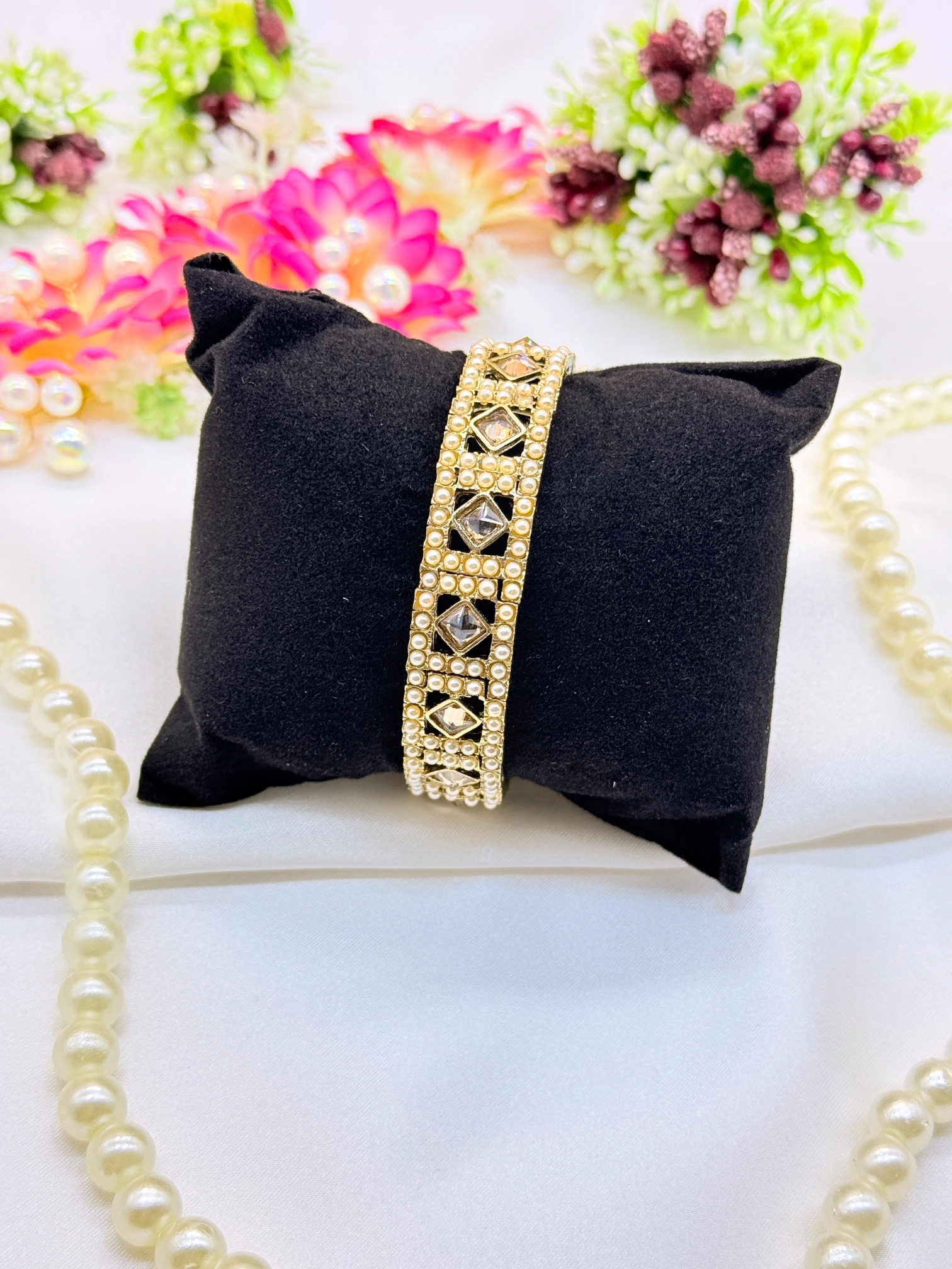 LALEEZ Fashion Jewellery | Gold-Plated Pearl & Crystal Square Motif Designer Cuff Bracelet | Ideal for Women - 128